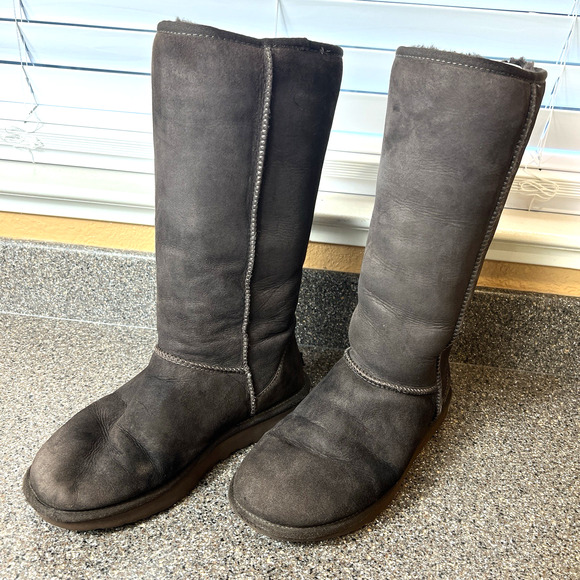 UGG Australia Brown Suede Tall Winter Boots Sheepskin Lining Women Sz 10 Pull On - Picture 2 of 11